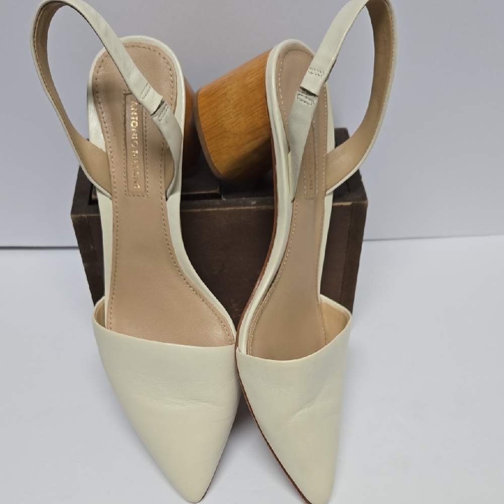 & Other Stories Cream Slingback Heels with Wooden Heel